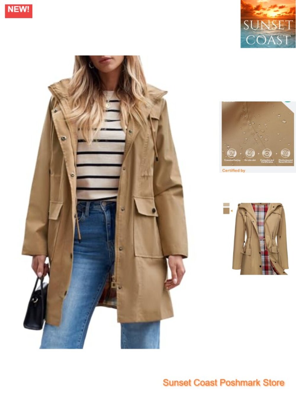 Women's Waterproof Long Rain Jacket Hooded Windbreaker Trench Coat